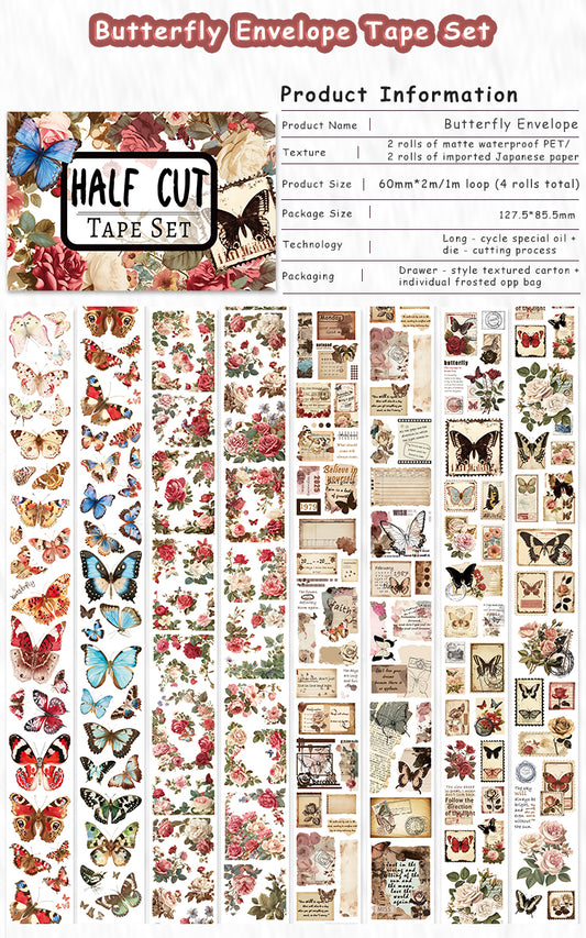 Tape Roll Set 《Butterfly Envelope》4 rolls (2 roll PET+2 roll Washi)