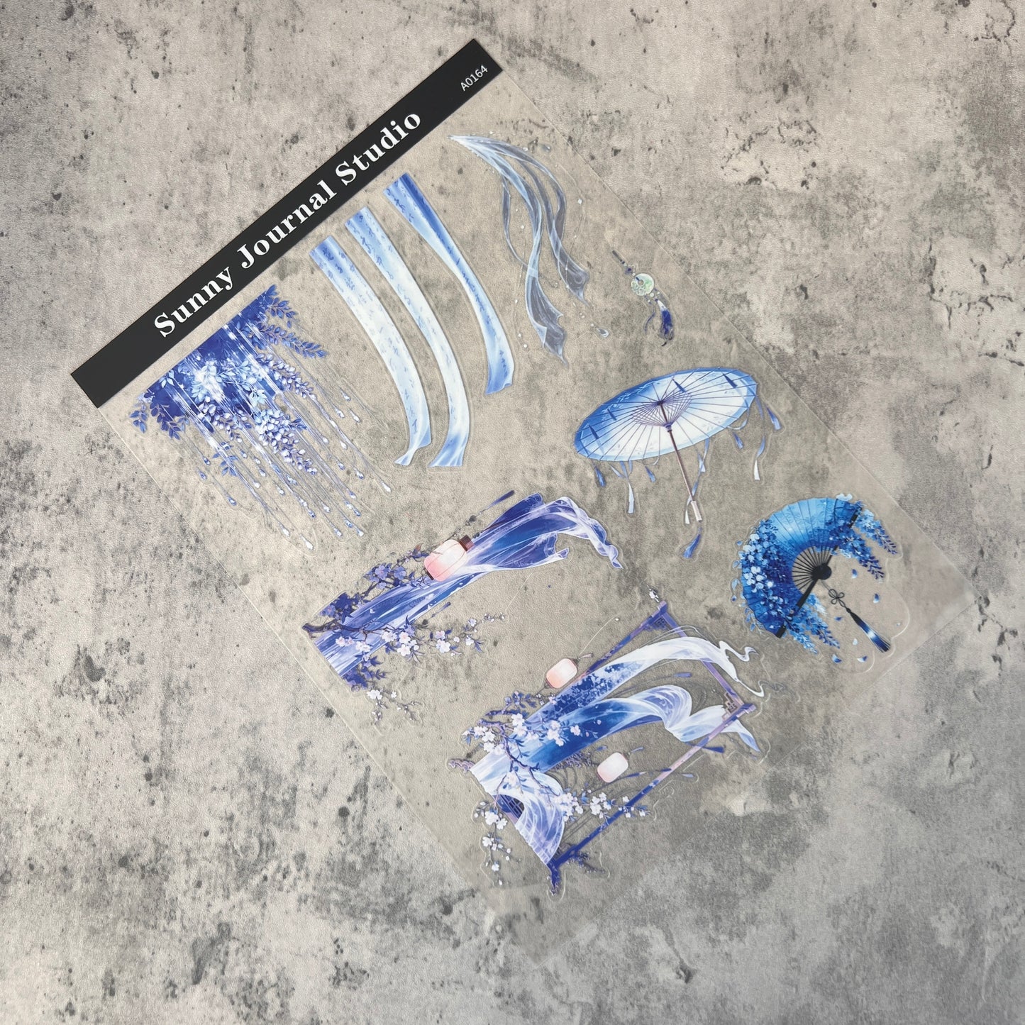 A0164--Traditional Blue Ribbons & Umbrella For Backdrop PET Sticker 1 Pcs A5 Size