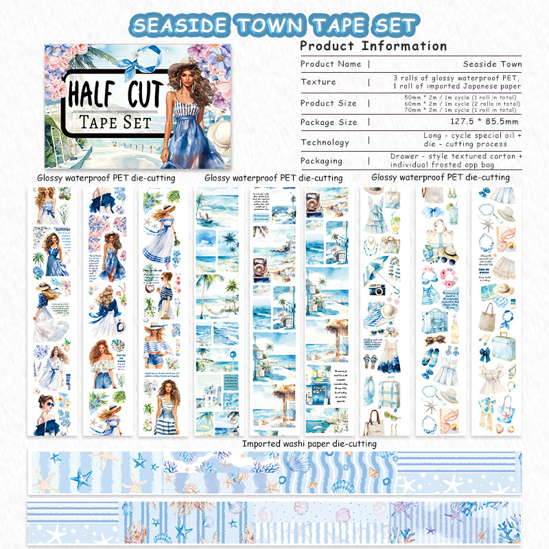 Tape Roll Set《Seaside Town》4 rolls (3 roll PET+1 roll Washi)