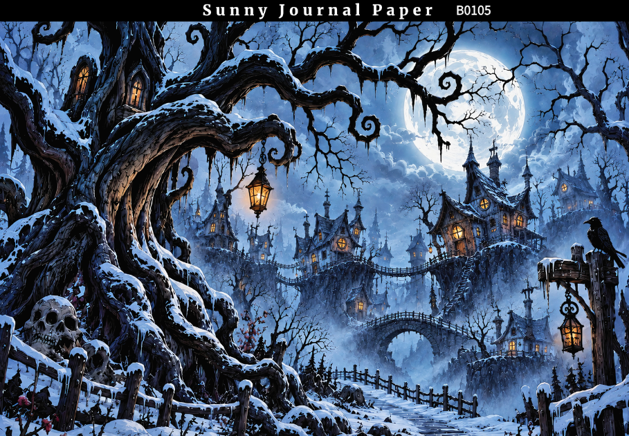 B0105--Halloween Whimsical Forest Cabin Horizontal A5 paper 10pcs no repeat