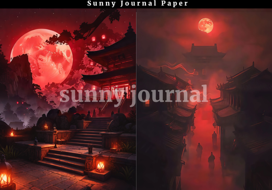 B0049-Traditional Scary Red Moon Chinese-style Horror Background A5 paper 10pcs no repeat
