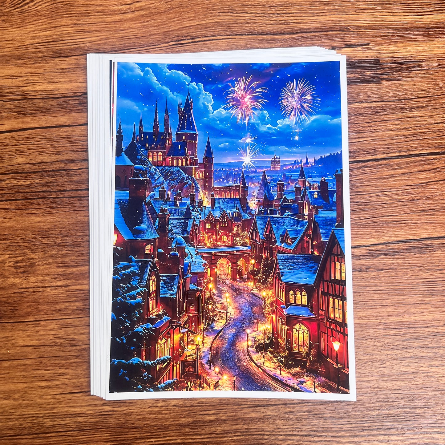 B0029- Christmas Snowing Night and Fireworks 10 images A5 paper no repeat