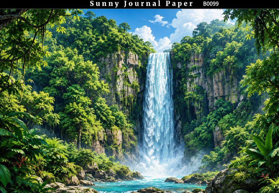 B0099-- Landscape with Volcano & Waterfall Horizontal A5 paper 15pcs no repeat
