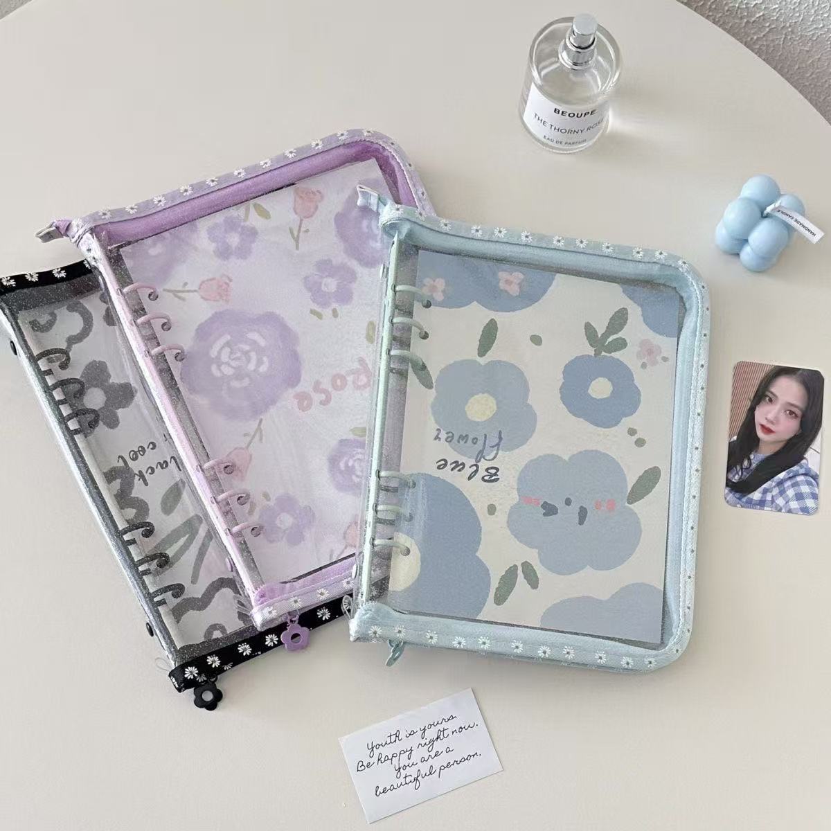 A5 Glitter Clear Binder ATC Storage Bag With Flower Pattern Border*not contain insert pages