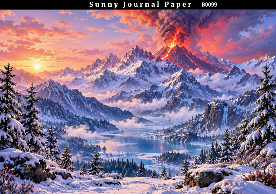 B0099-- Landscape with Volcano & Waterfall Horizontal A5 paper 15pcs no repeat