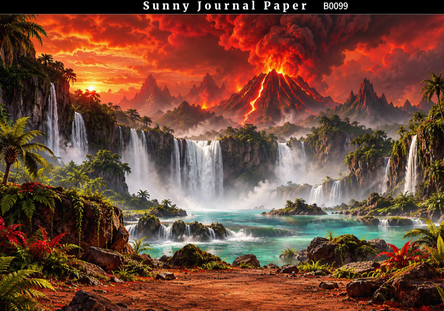 B0099-- Landscape with Volcano & Waterfall Horizontal A5 paper 15pcs no repeat