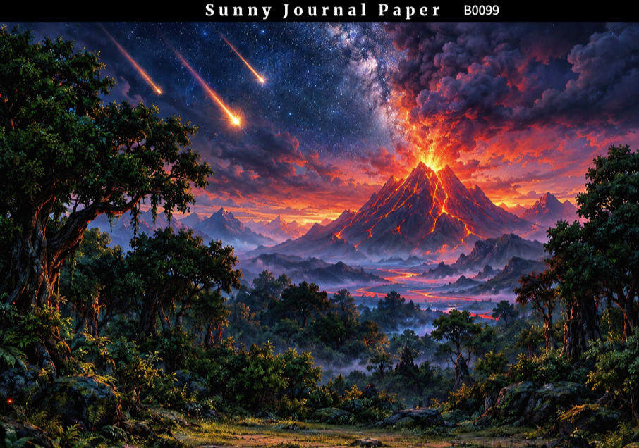 B0099-- Landscape with Volcano & Waterfall Horizontal A5 paper 15pcs no repeat