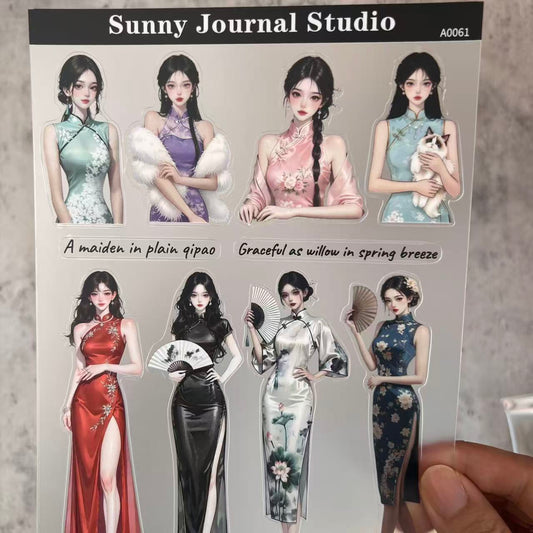 A0061--Chinses Vintage Girls with Qipao PET Sticker 1 Pcs A5 Size