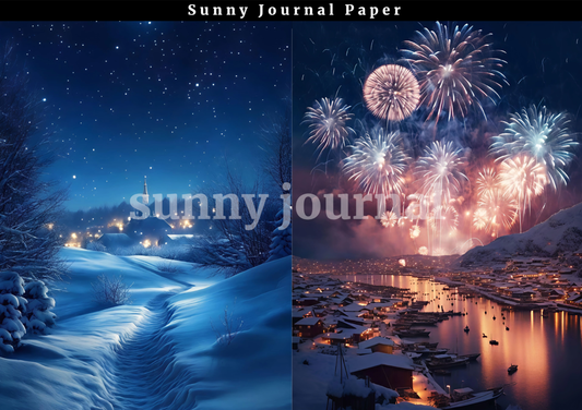 B0029- Christmas Snowing Night and Fireworks 10 images A5 paper no repeat
