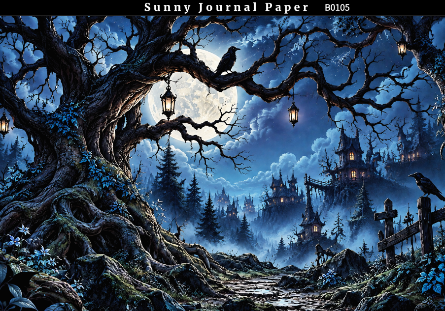 B0105--Halloween Whimsical Forest Cabin Horizontal A5 paper 10pcs no repeat