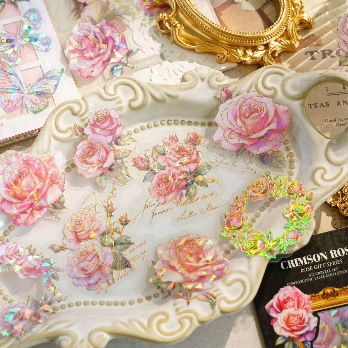 Icy‑Crystal Rose PET Gold‑Foil Sticker Pack