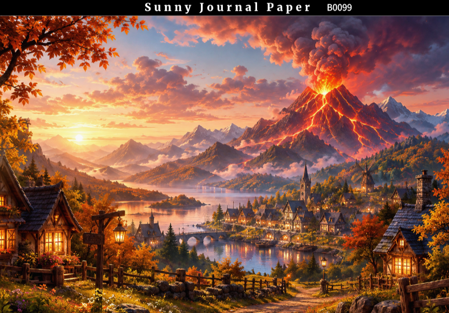 B0099-- Landscape with Volcano & Waterfall Horizontal A5 paper 15pcs no repeat