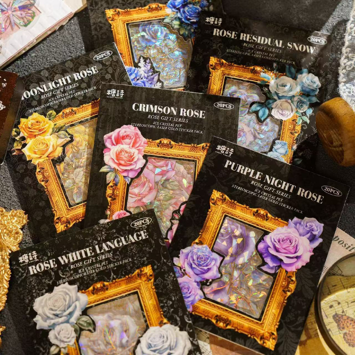 Icy‑Crystal Rose PET Gold‑Foil Sticker Pack