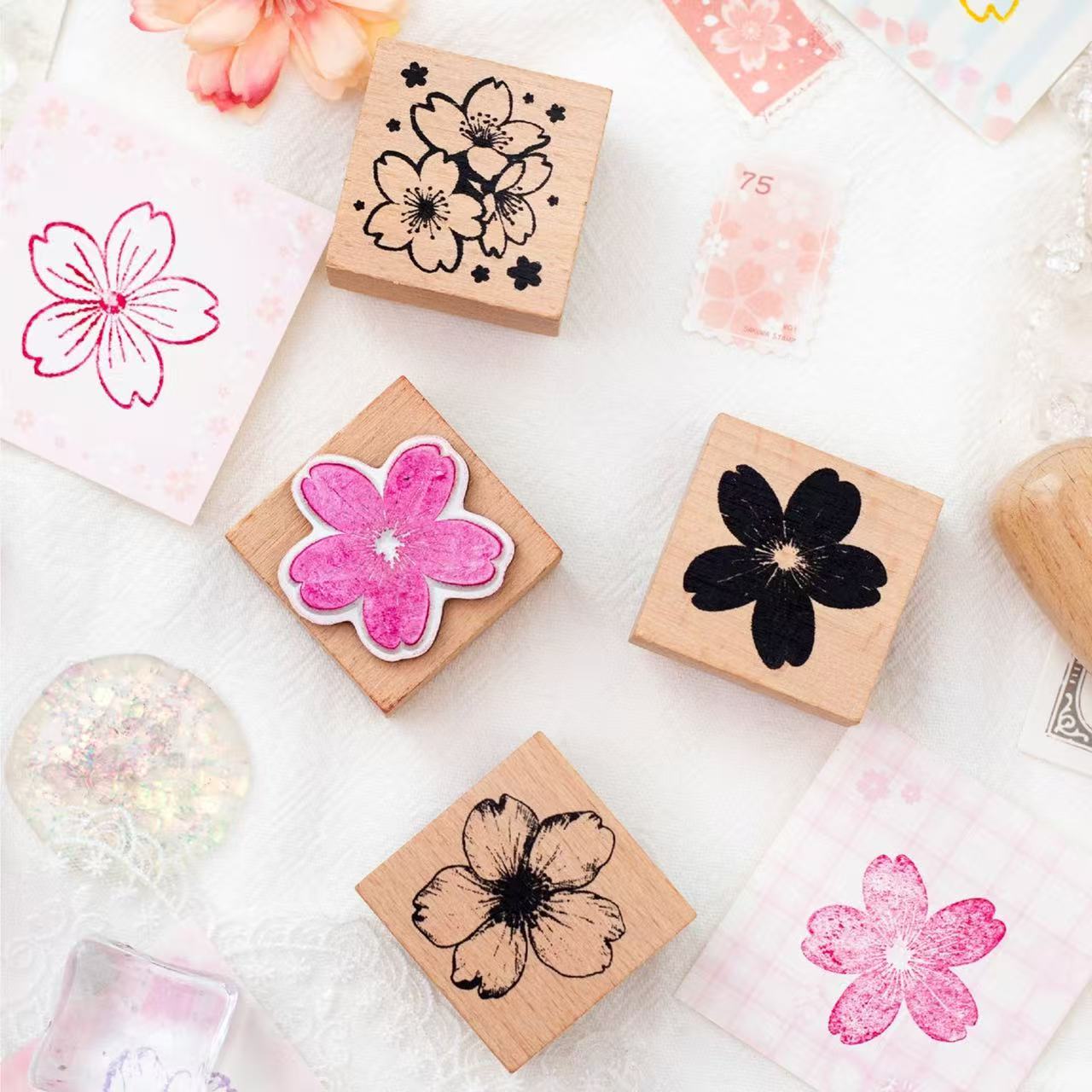 Sakura Cherry Wooden Stamp Set 6pcs For Journal