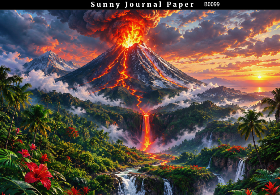 B0099-- Landscape with Volcano & Waterfall Horizontal A5 paper 15pcs no repeat