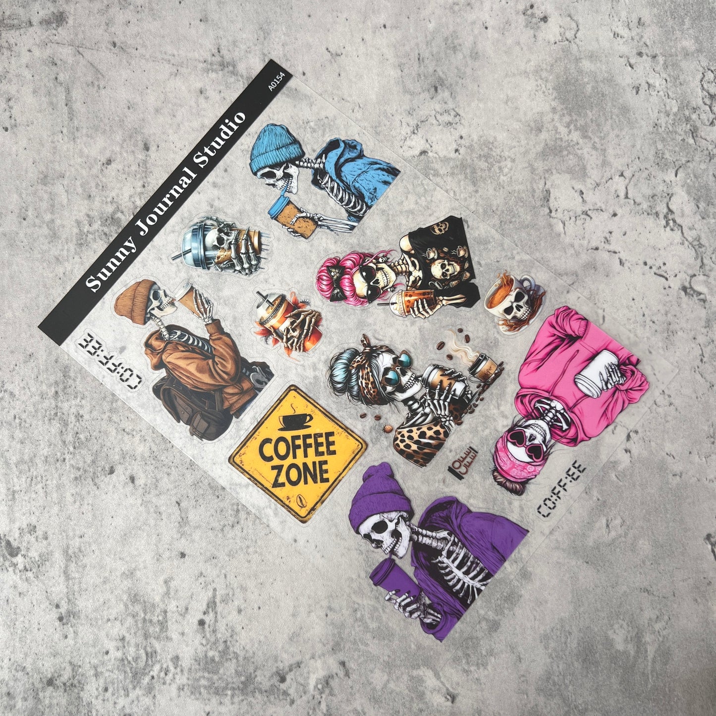 A0154--Coffee and Skeletons PET Sticker 1 Pcs A5 Size