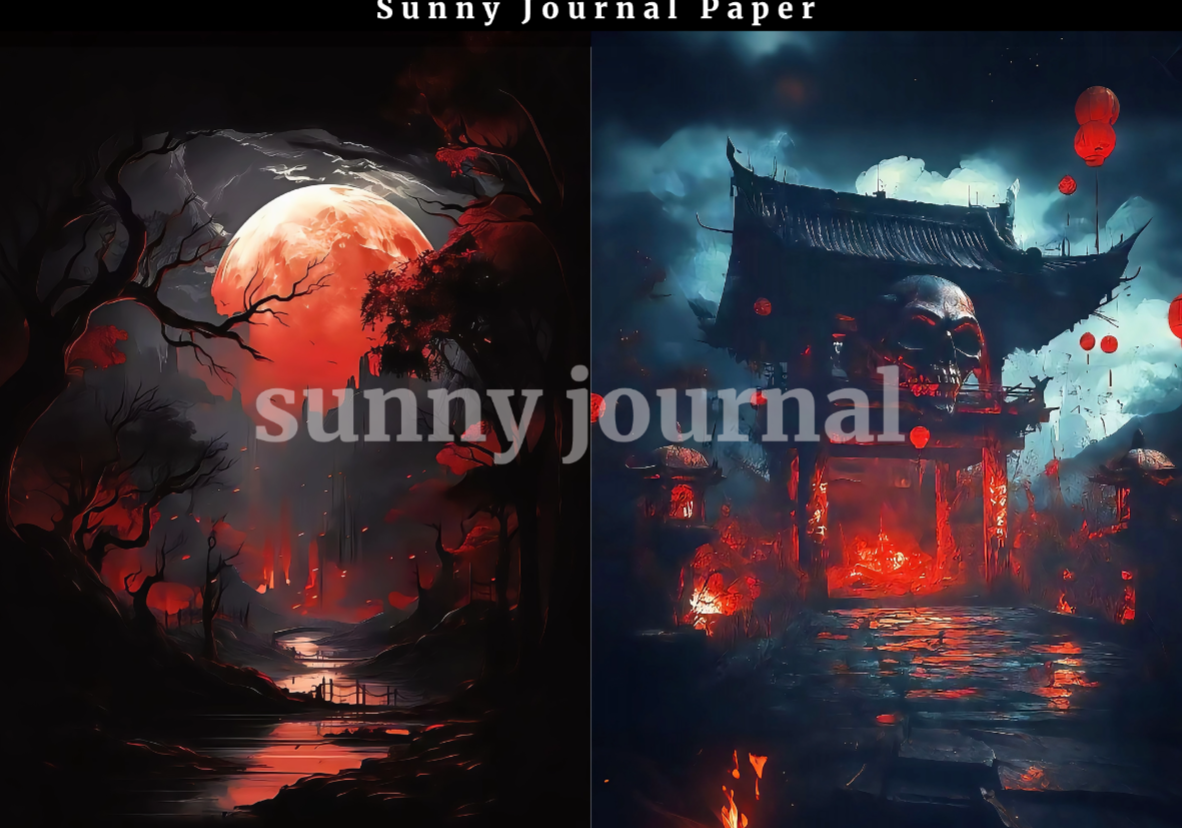 B0049-Traditional Scary Red Moon Chinese-style Horror Background A5 paper 10pcs no repeat