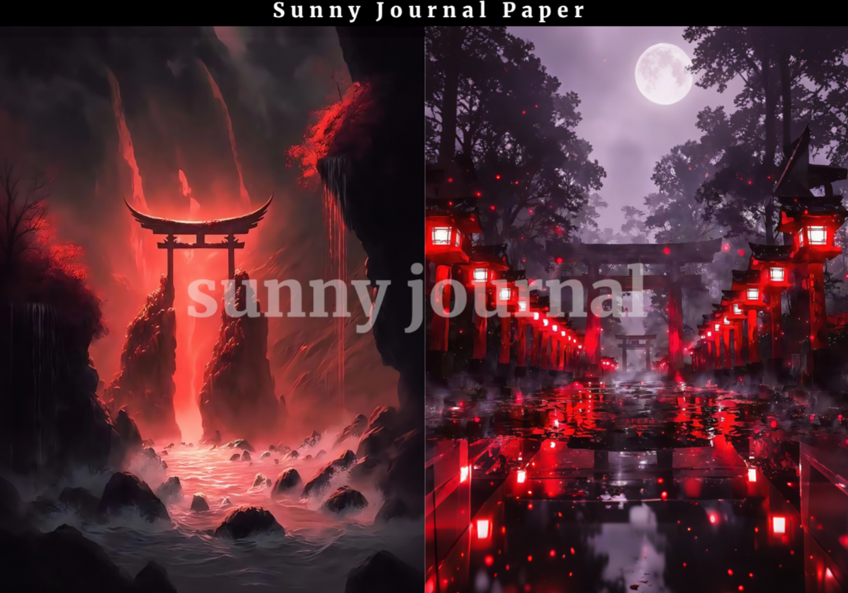 B0049-Traditional Scary Red Moon Chinese-style Horror Background A5 paper 10pcs no repeat