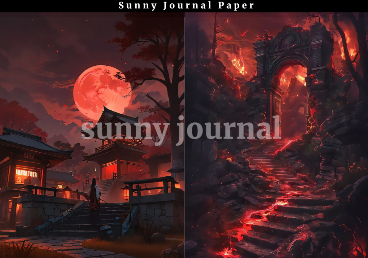B0049-Traditional Scary Red Moon Chinese-style Horror Background A5 paper 10pcs no repeat
