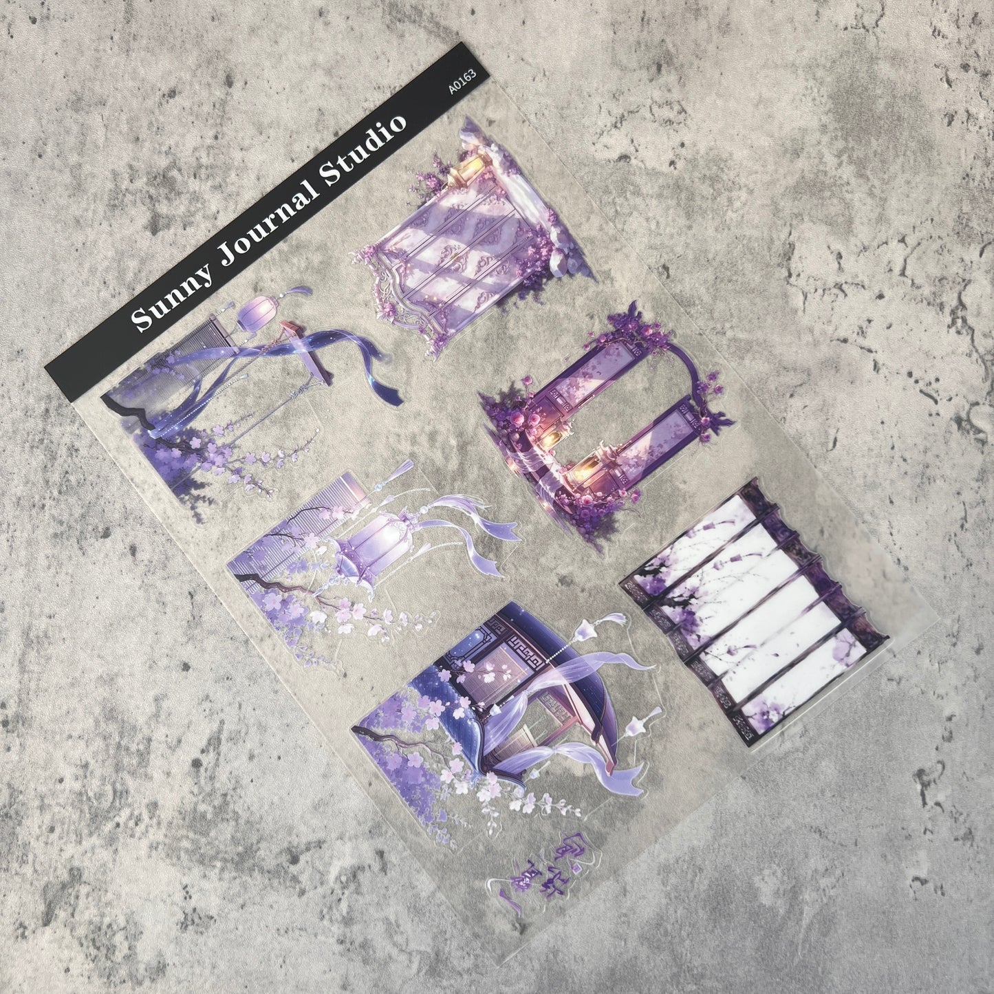 A0163--Traditional Purple Folding Screen & Lantern PET Sticker 1 Pcs A5 Size