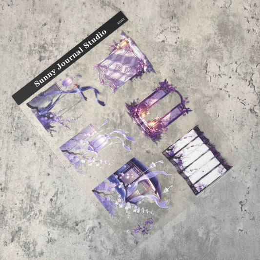 A0163--Traditional Purple Folding Screen & Lantern PET Sticker 1 Pcs A5 Size
