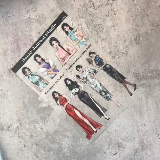 A0061--Chinses Vintage Girls with Qipao PET Sticker 1 Pcs A5 Size