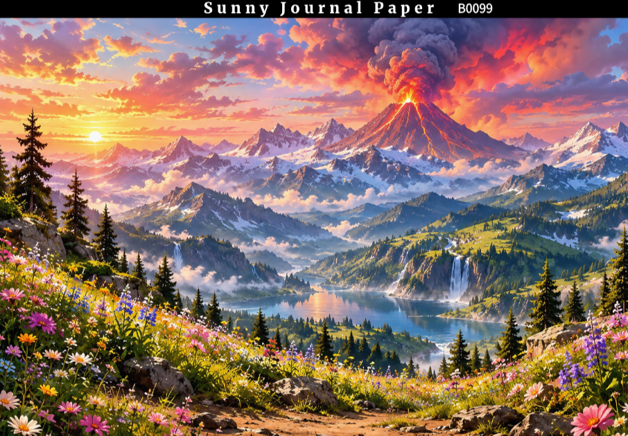 B0099-- Landscape with Volcano & Waterfall Horizontal A5 paper 15pcs no repeat
