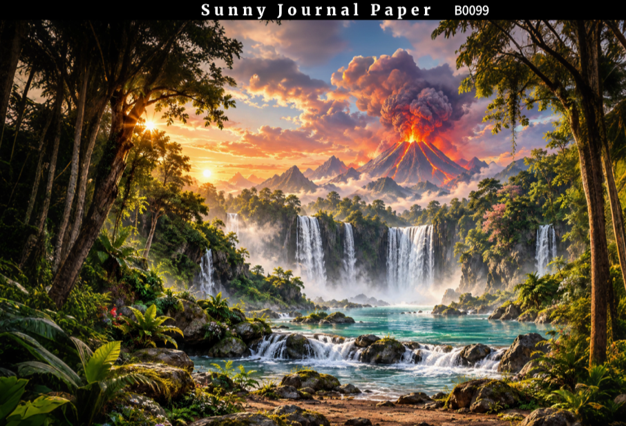 B0099-- Landscape with Volcano & Waterfall Horizontal A5 paper 15pcs no repeat