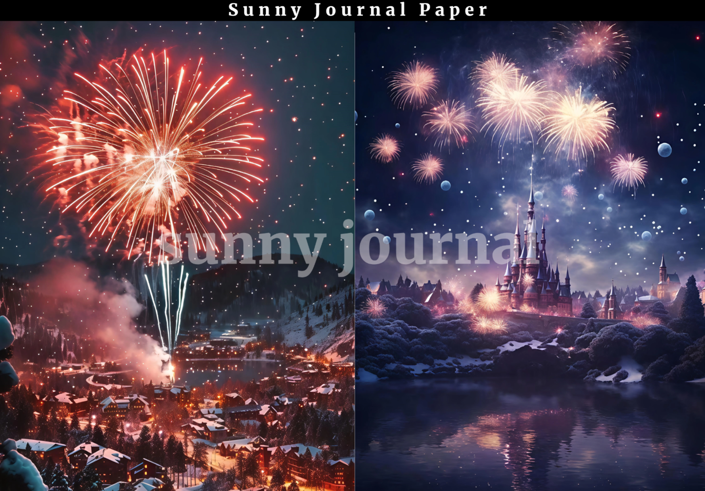 B0029- Christmas Snowing Night and Fireworks 10 images A5 paper no repeat