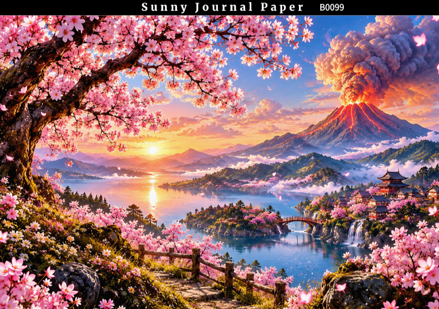 B0099-- Landscape with Volcano & Waterfall Horizontal A5 paper 15pcs no repeat