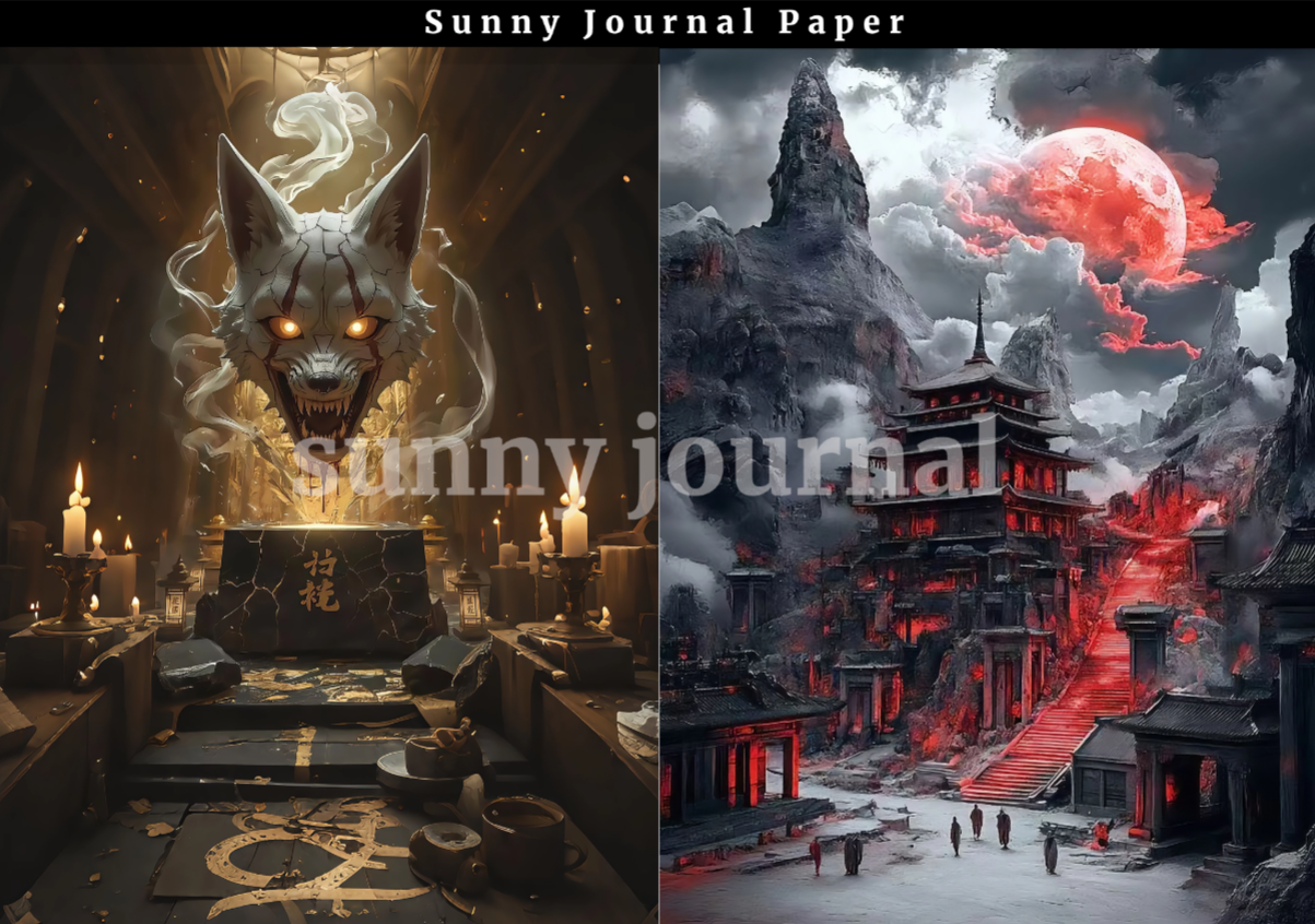 B0049-Traditional Scary Red Moon Chinese-style Horror Background A5 paper 10pcs no repeat