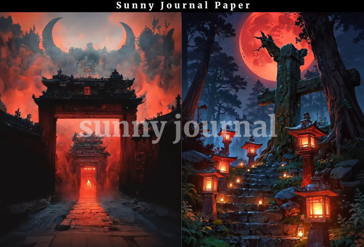 B0049-Traditional Scary Red Moon Chinese-style Horror Background A5 paper 10pcs no repeat