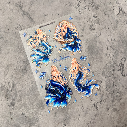 E0013--Blue Mermaid 3D Embossed Sticker 1 Pcs A6 Size 10X15cm=4x6inch