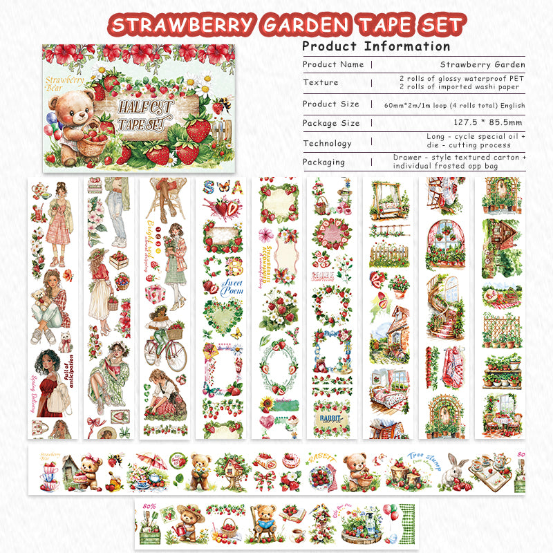 Tape Roll Set《Strawberry Garden》4 rolls (2 roll PET+2 roll Washi)