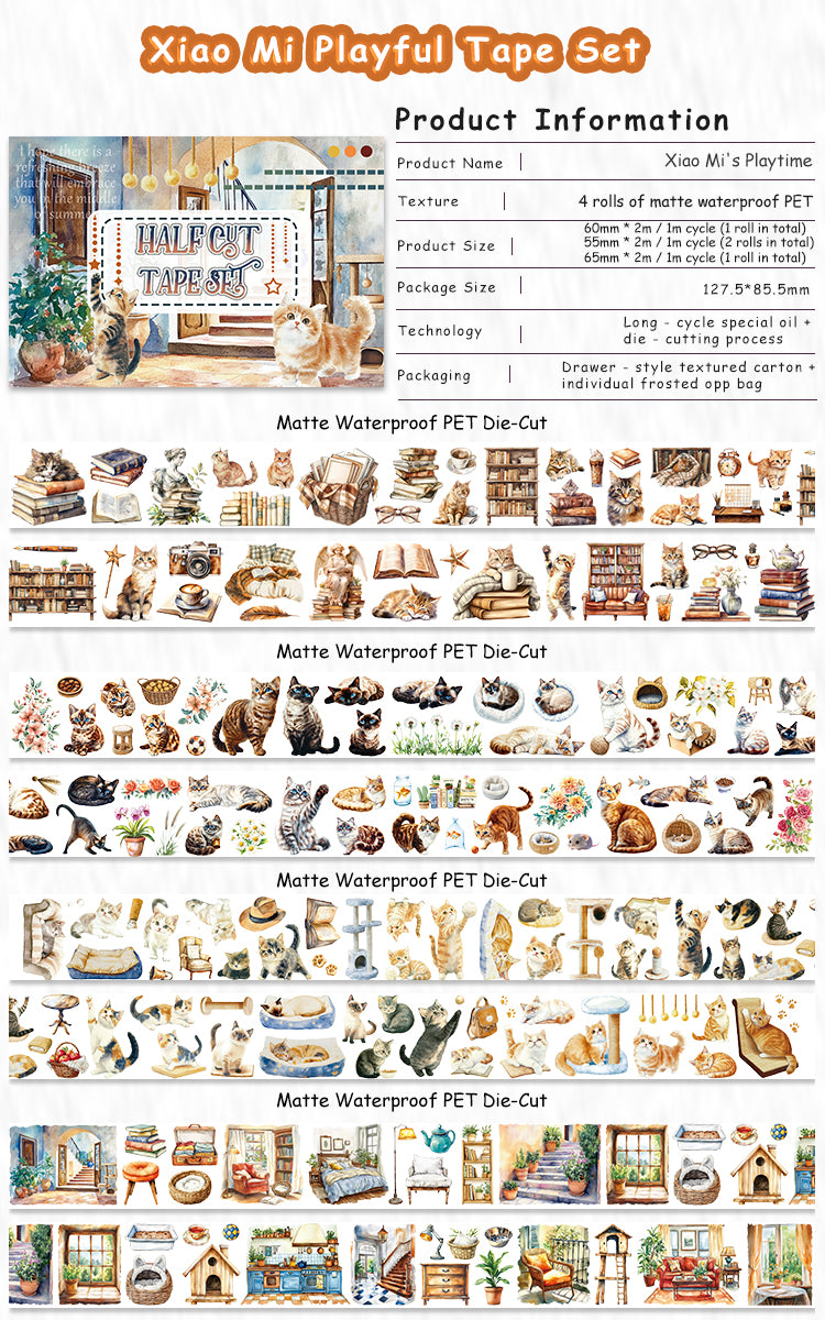 Tape Roll Set《Cute Playful Cat》4 PET Rolls