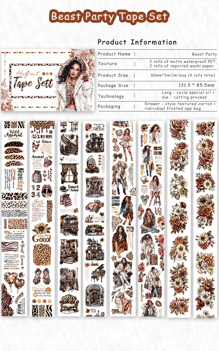 Tape Roll Set《Beast Party》4 rolls (2 roll PET+2 roll Washi)