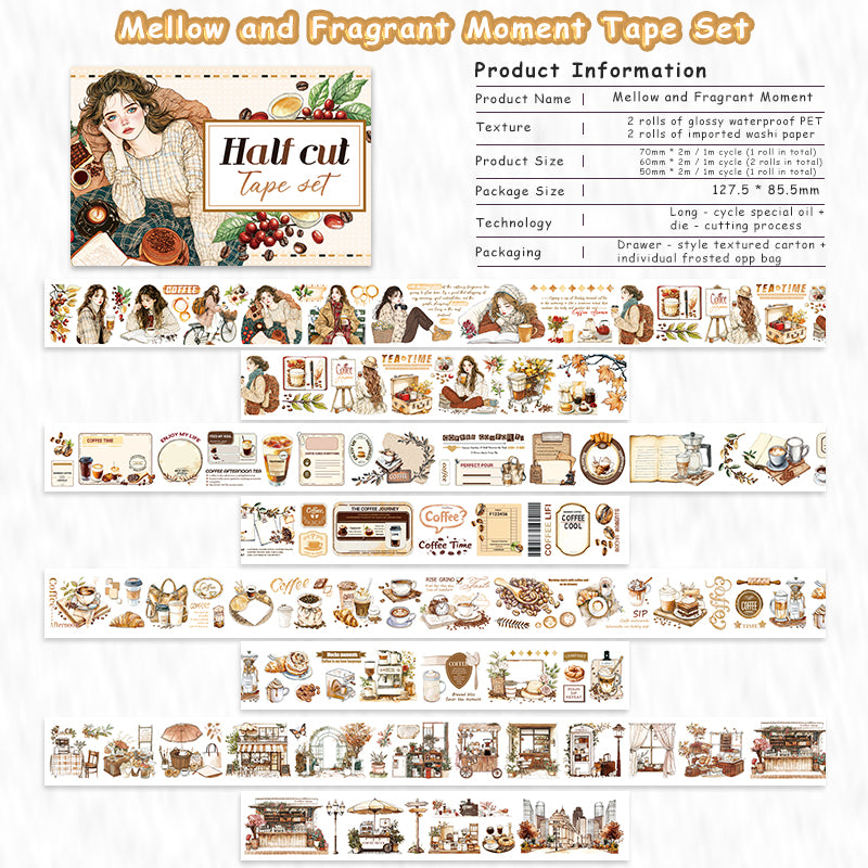 Tape Roll Set《Mellow Cafe Time》4 rolls (2 roll PET+2 roll Washi)