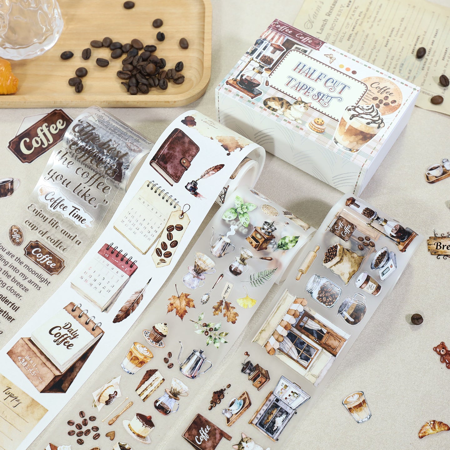 Tape Roll Set《Coffee Time》4 rolls (3 roll PET+1 roll Washi)
