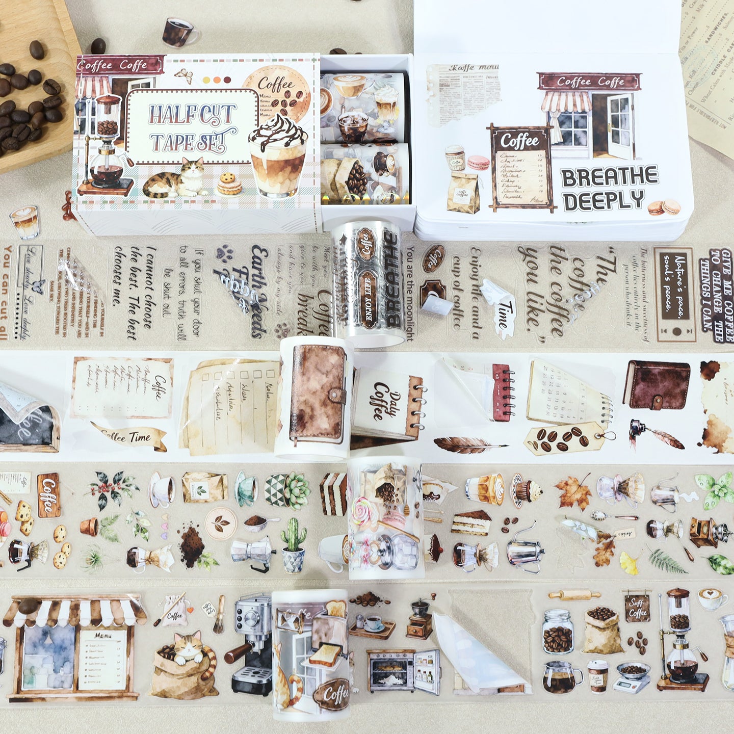 Tape Roll Set《Coffee Time》4 rolls (3 roll PET+1 roll Washi)
