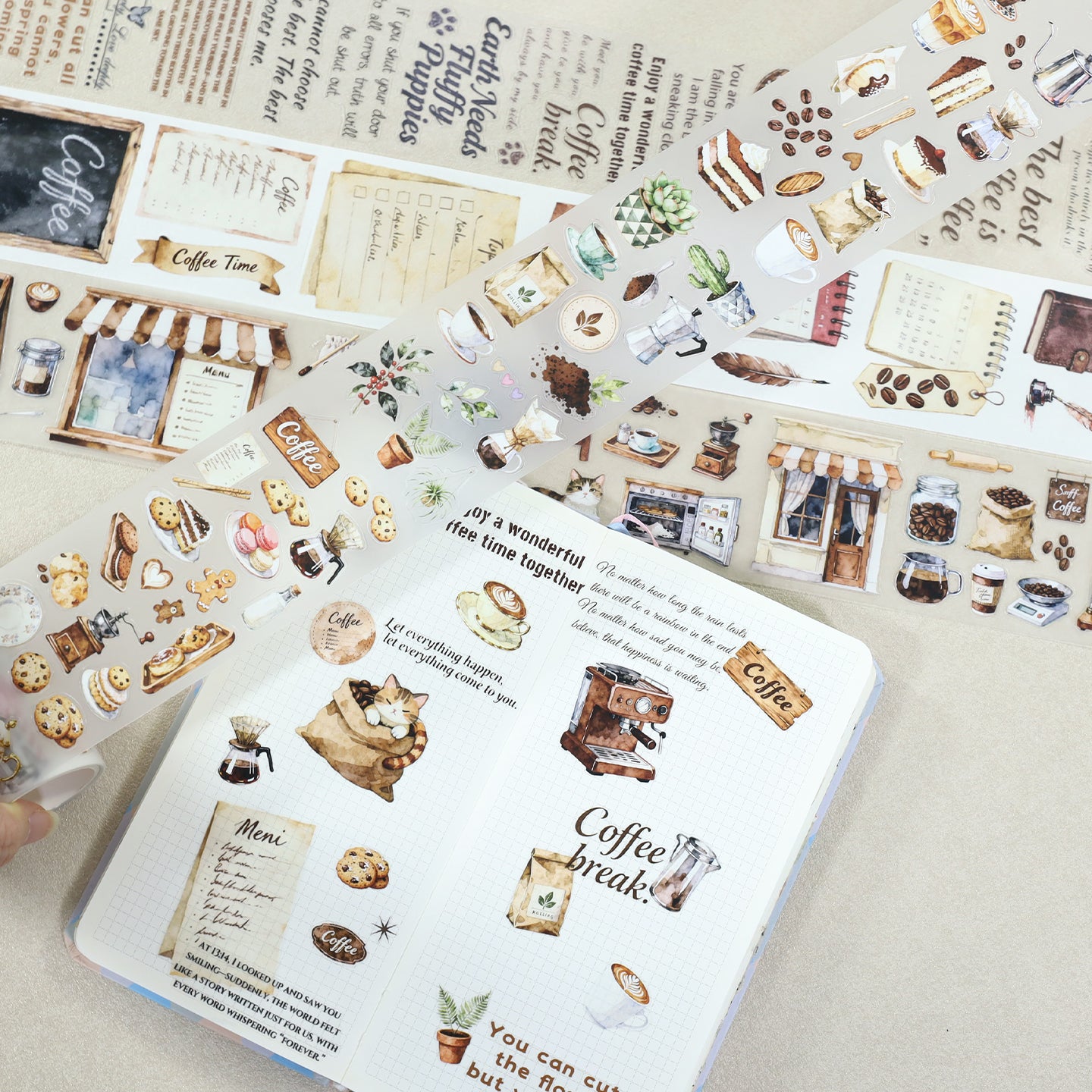 Tape Roll Set《Coffee Time》4 rolls (3 roll PET+1 roll Washi)