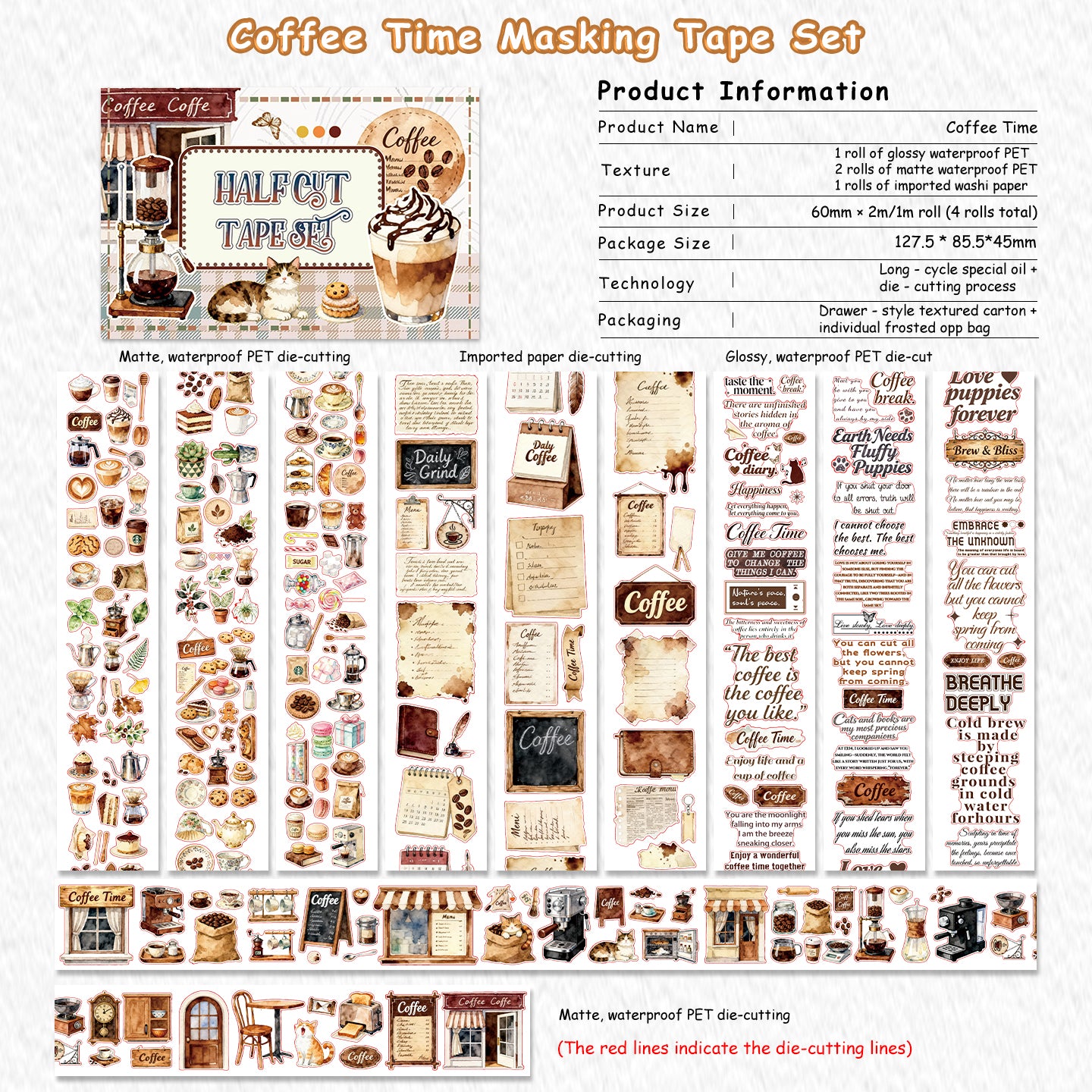 Tape Roll Set《Coffee Time》4 rolls (3 roll PET+1 roll Washi)