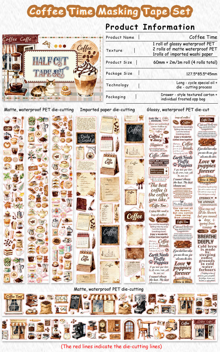 Tape Roll Set《Coffee Time》4 rolls (3 roll PET+1 roll Washi)