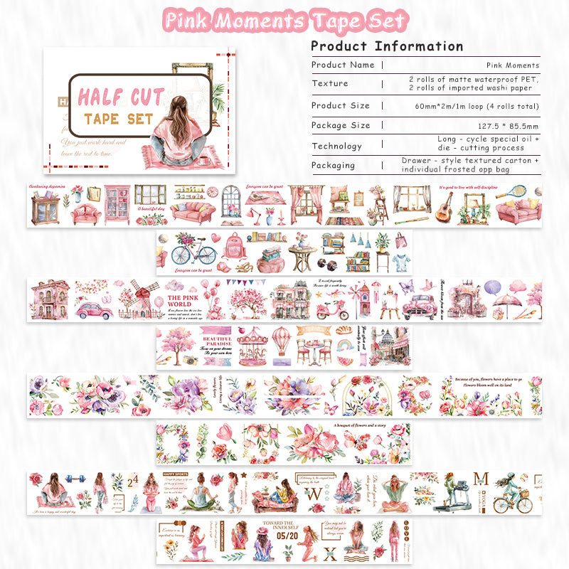 Tape Roll Set《Pink Moment》4 rolls (2 roll PET+2 roll Washi)