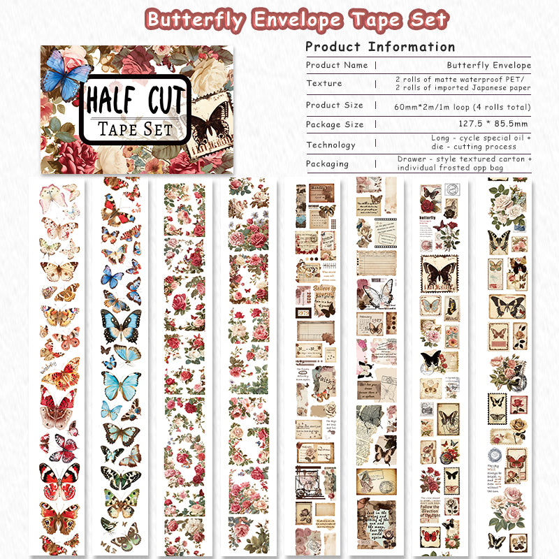 Tape Roll Set 《Butterfly Envelope》4 rolls (2 roll PET+2 roll Washi)