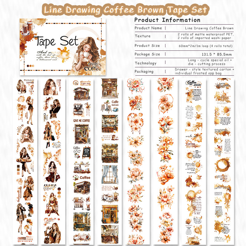 Tape Roll Set 《Line Drawing Coffee Brown》4 rolls (2 roll PET+2 roll Washi)