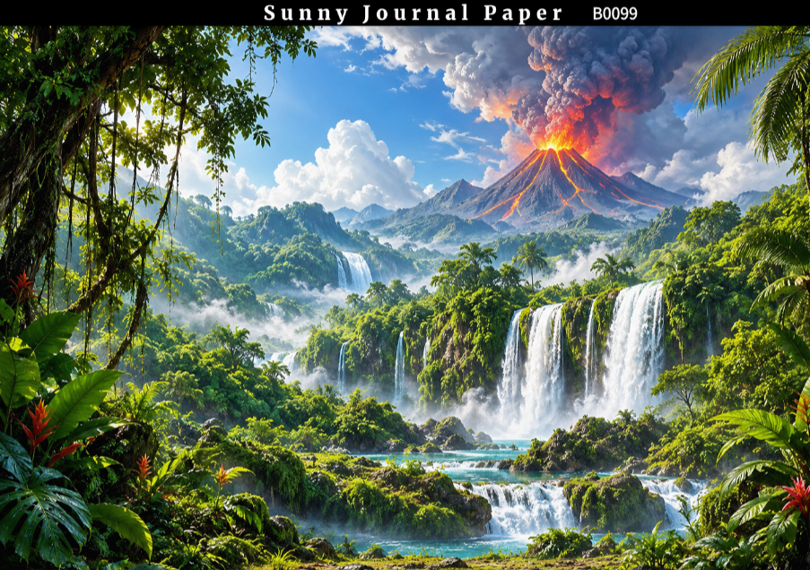 B0099-- Landscape with Volcano & Waterfall Horizontal A5 paper 15pcs no repeat