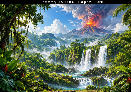 B0099-- Landscape with Volcano & Waterfall Horizontal A5 paper 15pcs no repeat