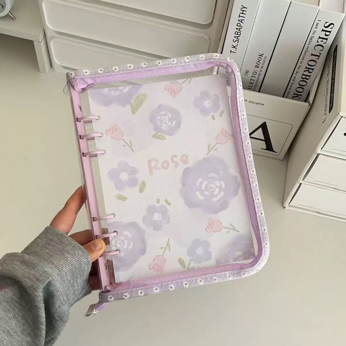 A5 Glitter Clear Binder ATC Storage Bag With Flower Pattern Border*not contain insert pages