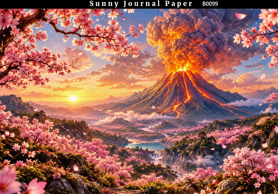 B0099-- Landscape with Volcano & Waterfall Horizontal A5 paper 15pcs no repeat