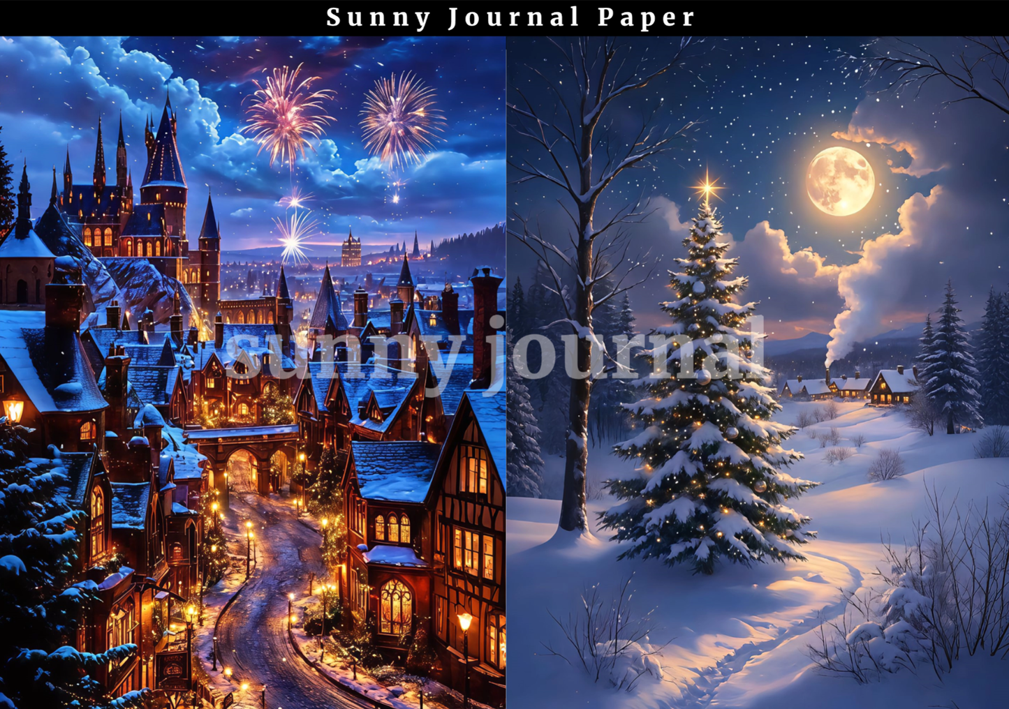 B0029- Christmas Snowing Night and Fireworks 10 images A5 paper no repeat